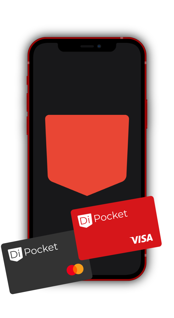 Red and Black VISA and Mastercard Bank Cards with the DiPocket Logo in Front of an Apple Smartphone with the DiPocket App.