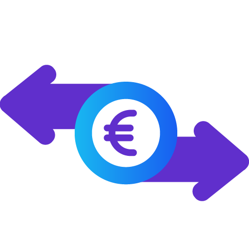 Two Purple Arrows Pulling Away from a Euro Sign.