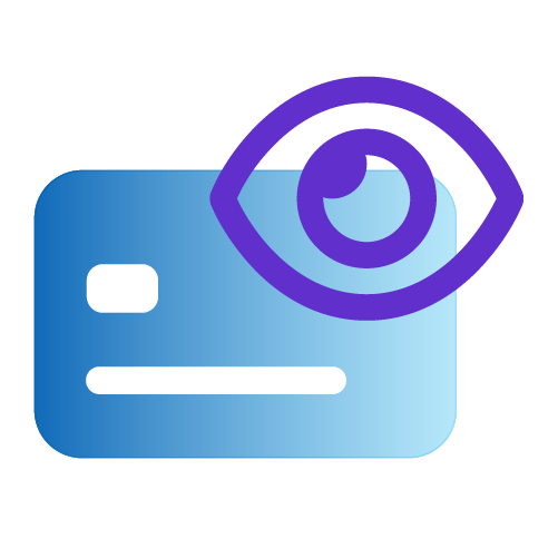 Blue Illustration of a Bank Card and an Eye Outlined in Purple.