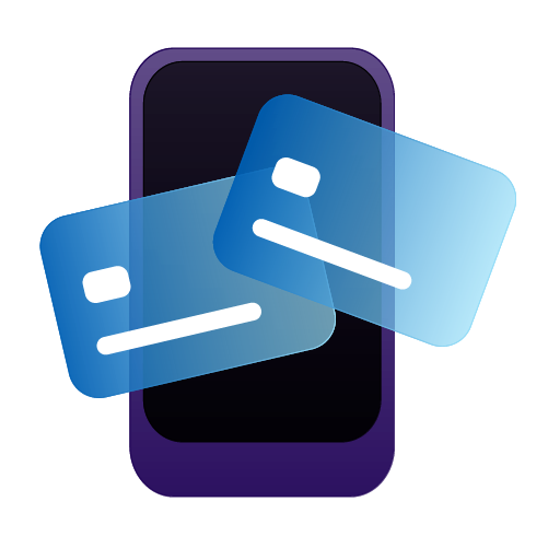 Two Blue Bank Card Illustrations Laid Together on Top of a Smartphone.